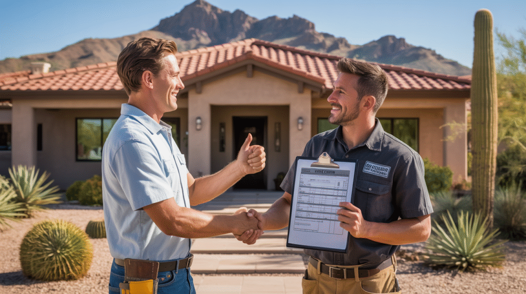 Homeowner negotiating roof replacement costs with a Scottsdale roofer