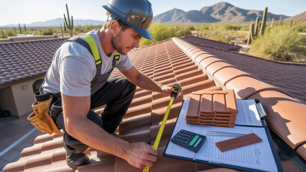 Roofer calculating roof replacement costs on a Scottsdale home under Arizona sunlight