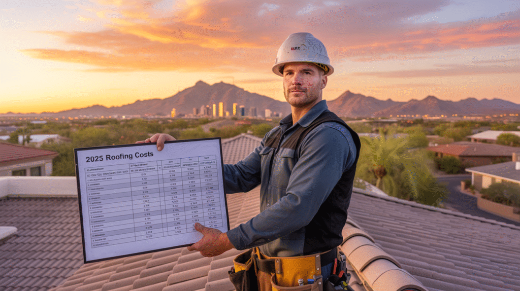 Roofer reviewing 2025 roofing price forecast for Scottsdale home