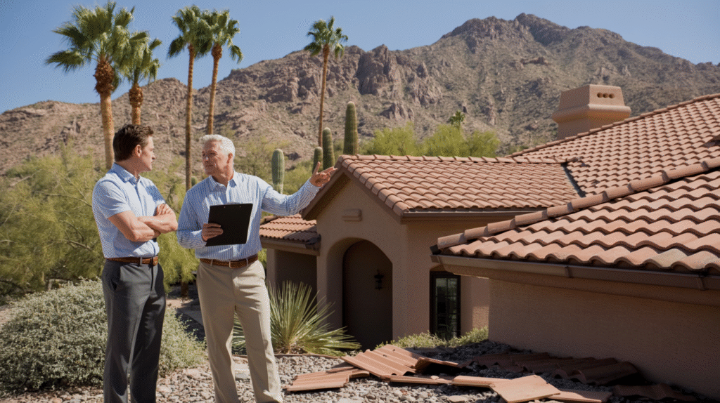 Scottsdale homeowner meeting with insurance adjuster after roof damage