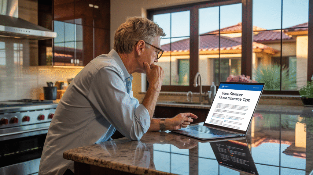 Scottsdale homeowner reading Dave Ramsey’s home insurance advice online