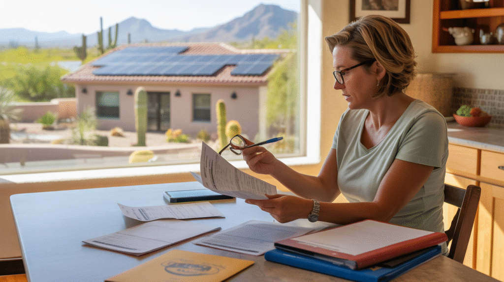 Scottsdale homeowner reviewing roof tax credit and rebate paperwork