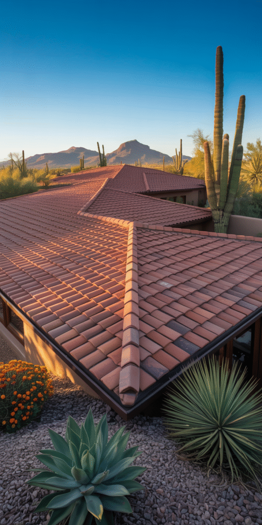 Freshly installed red tile roof on Scottsdale home with desert landscaping